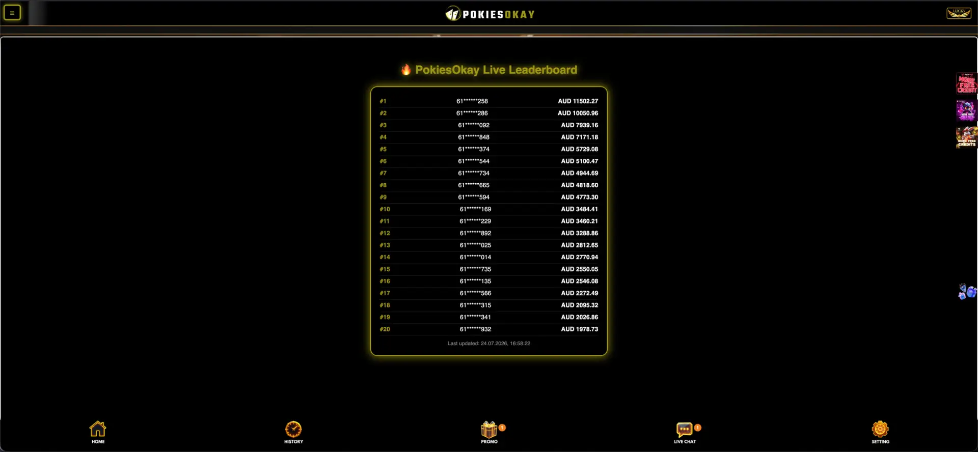 Live rankings and masked activity panel
