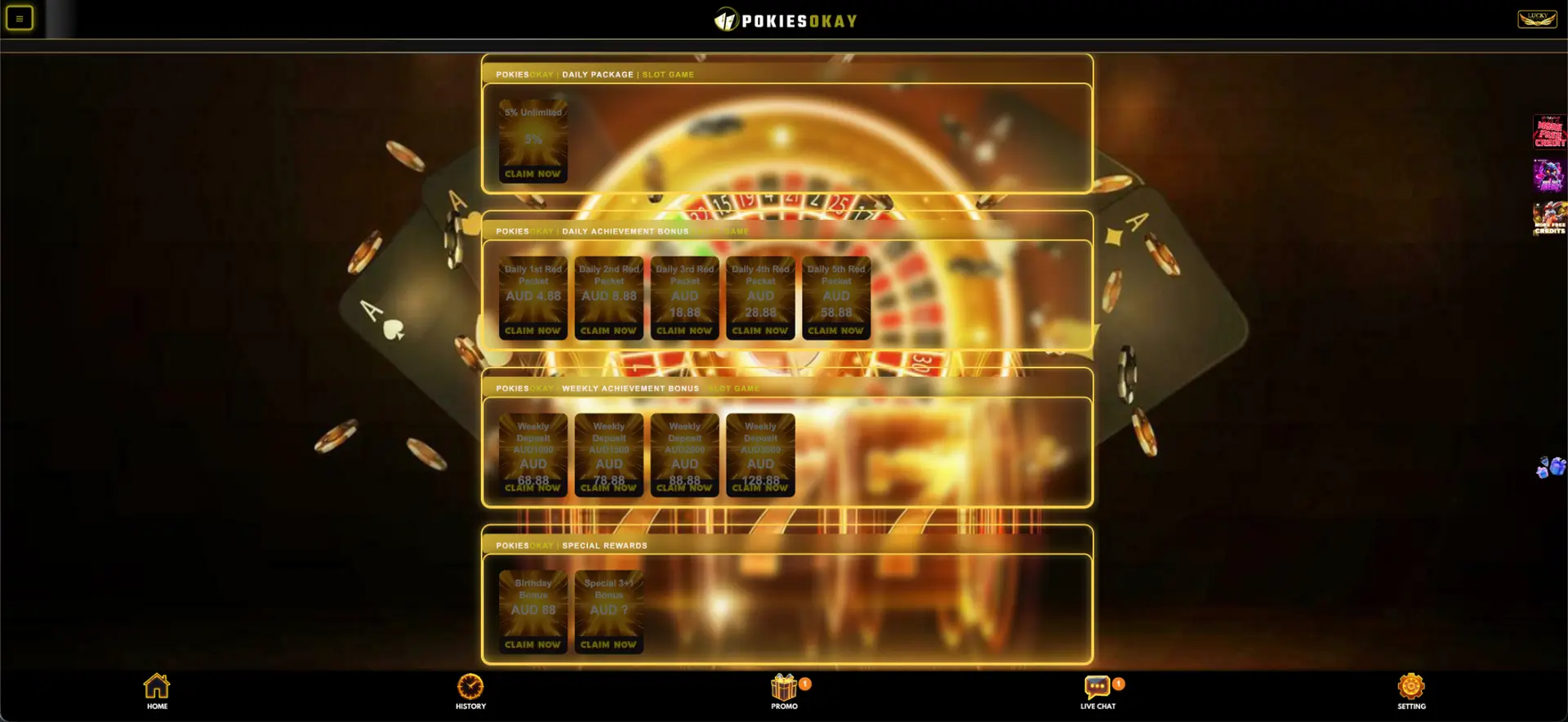 Daily promotion packages and free-spin cards
